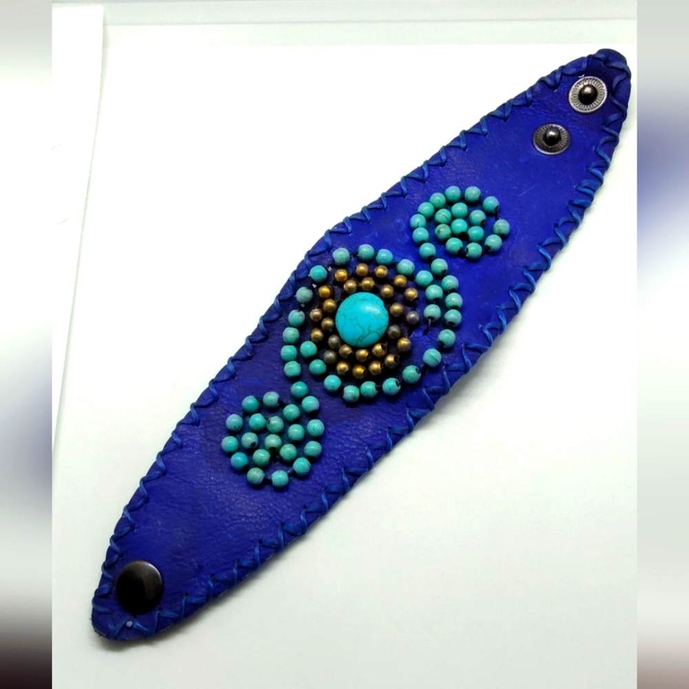 Leather Hand-beaded Artisan Cuff Bracelet with Snaps